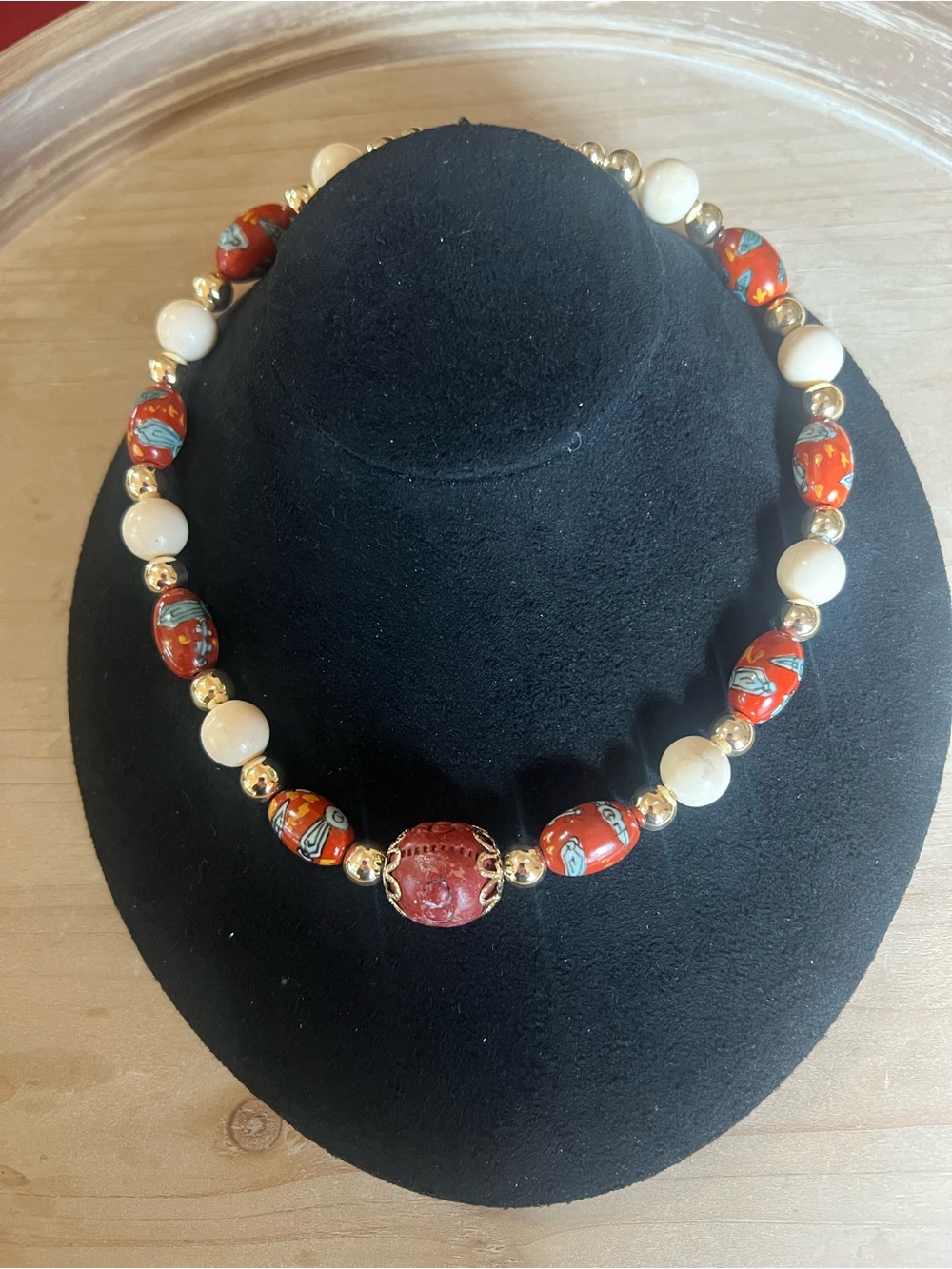 Hand Crafted Red and Cream Beaded Necklace with Gold Accents